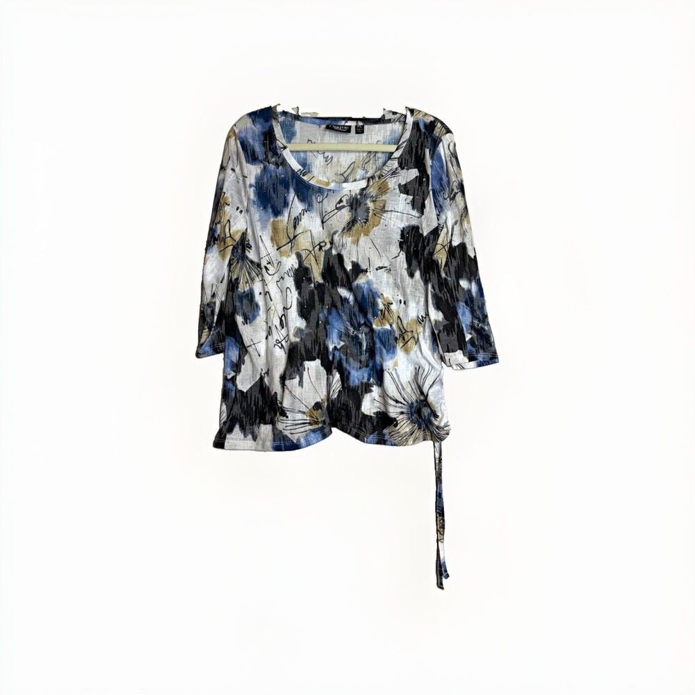 Onque Casual Womens Petite PL Floral Blouse Blue White Black Scoop 3/4 Tie